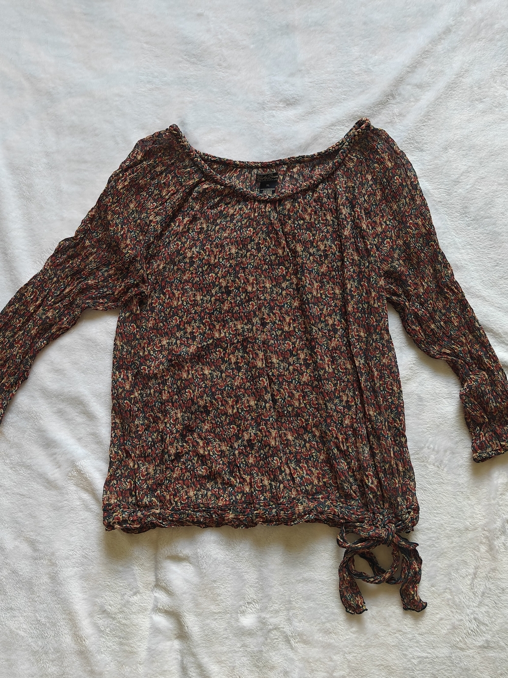 Lucky Brand 100% Silk Floral Crinkle Tie Hem Long Sleeve Blouse XL